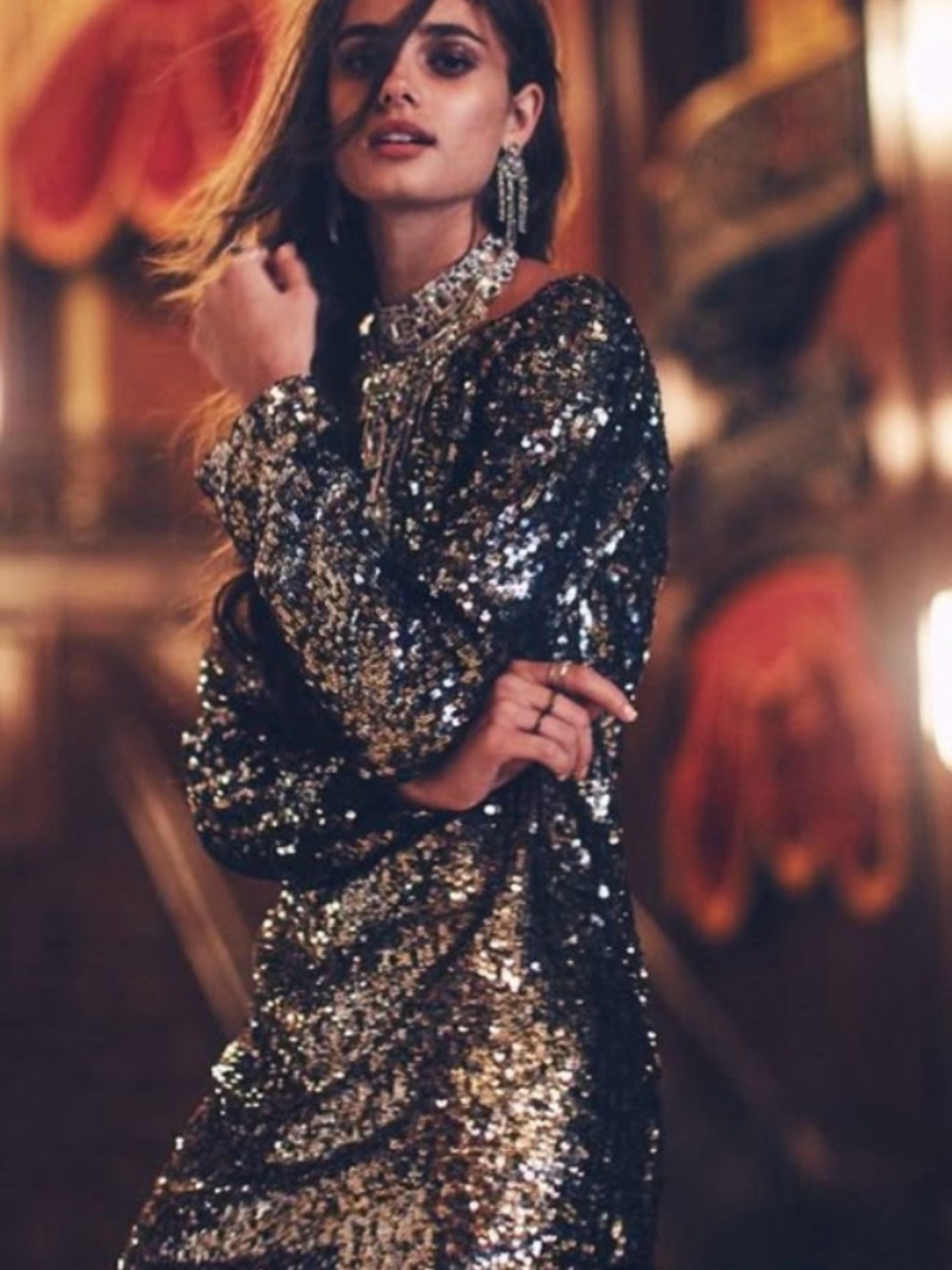 Free People Metallic Sequin Long-Sleeve Dress in Gold and Black